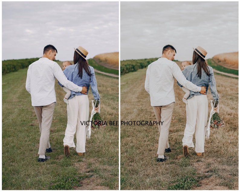 May include: A family of three walks through a field, the parents are wearing white shirts and the woman is wearing a straw hat. The child is being carried by the woman.