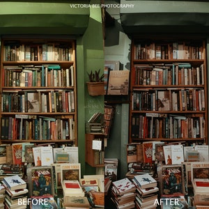 May include: A before and after image showing the difference in lighting and color tone. The image shows a bookshelf filled with books in a bookstore. The text "VICTORIA BEE PHOTOGRAPHY" is at the top of the image. The text "BEFORE" is at the bottom left of the image. The text "AFTER" is at the bottom right of the image.
