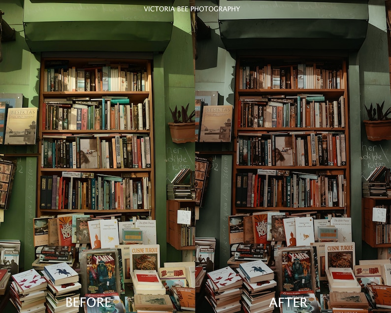 May include: A before and after image showing the difference in lighting and color tone. The image shows a bookshelf filled with books in a bookstore. The text "VICTORIA BEE PHOTOGRAPHY" is at the top of the image. The text "BEFORE" is at the bottom left of the image. The text "AFTER" is at the bottom right of the image.