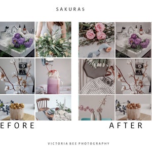 May include: Before and after image showing the effects of a photo editing preset called "Sakura 5". The image shows a variety of scenes, including flowers, a sink, a drink, and a table setting.