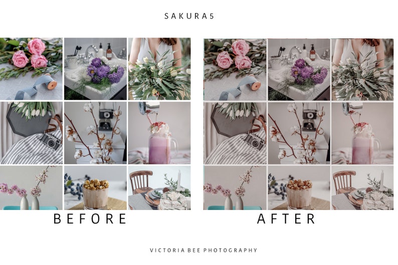 May include: Before and after image showing the effects of a photo editing preset called "Sakura 5". The image shows a variety of scenes, including flowers, a sink, a drink, and a table setting.