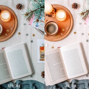 May include: A flat lay image of a cozy winter scene with a book, a cup of coffee, candles, and pine branches on a white tablecloth with gold stars scattered around. The image is split into two sections, showing the before and after effects of a photo editing filter.