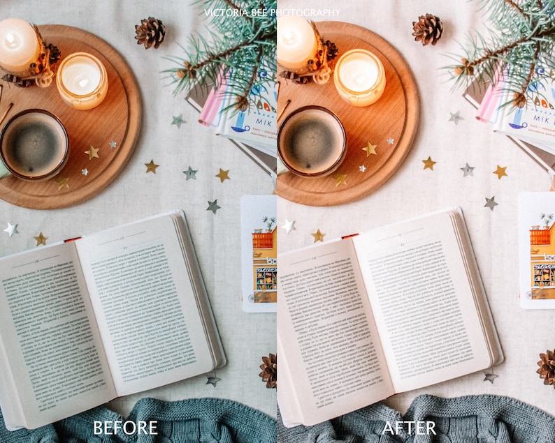 May include: A flat lay image of a cozy winter scene with a book, a cup of coffee, candles, and pine branches on a white tablecloth with gold stars scattered around. The image is split into two sections, showing the before and after effects of a photo editing filter.