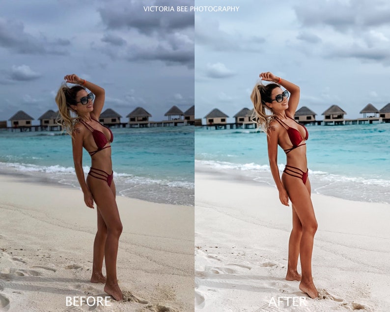 May include: A woman in a red bikini stands on a white sandy beach with turquoise water and overwater bungalows in the background.