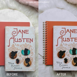 May include: A before and after image showing the difference in lighting and color correction. The image on the left is darker and has a yellow tint. The image on the right is brighter and has a more neutral color balance. Both images show a book with the title "Jane Austen" and the text "Four Classic Novels".