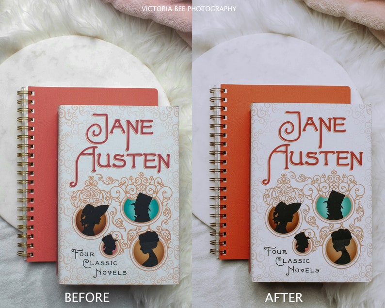May include: A before and after image showing the difference in lighting and color correction. The image on the left is darker and has a yellow tint. The image on the right is brighter and has a more neutral color balance. Both images show a book with the title "Jane Austen" and the text "Four Classic Novels".