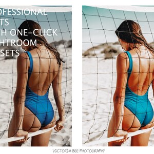 May include: A woman in a blue swimsuit stands behind a white volleyball net on a sandy beach. The text "PROFESSIONAL EDITS WITH ONE-CLICK LIGHTROOM PRESETS" is visible in the top left corner of the image.