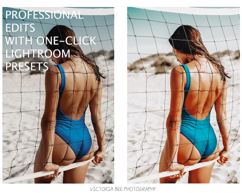 May include: A woman in a blue swimsuit stands behind a white volleyball net on a sandy beach. The text "PROFESSIONAL EDITS WITH ONE-CLICK LIGHTROOM PRESETS" is visible in the top left corner of the image.