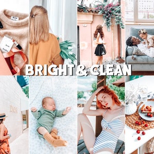 Puede incluir: Un collage de imágenes que presentan varias escenas de estilo de vida, incluyendo una mujer con un suéter marrón, un bebé con un mono verde, una mujer con un traje de baño a rayas y una mujer con un bebé. El texto "BRIGHT & CLEAN" se muestra en el centro del collage.