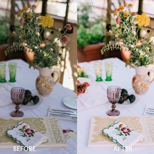 Puede incluir: Una imagen de antes y despu&eacute;s que muestra la diferencia de color y brillo de una mesa puesta con un ramo de flores, una jarra, vasos y un libro con el texto "Vidrieres" en la portada. La imagen de la izquierda es antes de la edici&oacute;n y la imagen de la derecha es despu&eacute;s de la edici&oacute;n.