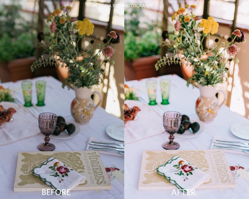 Puede incluir: Una imagen de antes y despu&eacute;s que muestra la diferencia de color y brillo de una mesa puesta con un ramo de flores, una jarra, vasos y un libro con el texto "Vidrieres" en la portada. La imagen de la izquierda es antes de la edici&oacute;n y la imagen de la derecha es despu&eacute;s de la edici&oacute;n.