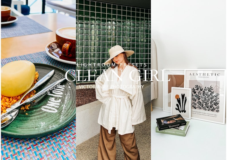 May include: A woman wearing a white linen jacket with a brown belt, a straw hat, and brown pants. The woman is standing in front of a green tiled wall. The text "Lightroom Presets Clean Girl Victoria Lee Photography" is superimposed on the image.