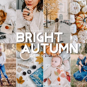 May include: A collage of images showcasing a set of 20 Lightroom presets called "Bright Autumn". The presets are designed for both desktop and mobile use. The images feature a variety of autumnal scenes, including a woman wearing a white sweater and a ring, a street scene with fall foliage, a baby lying on a blanket with autumn leaves, a woman holding a baby in a field, and a still life with a cup of coffee, autumn leaves, and a book.