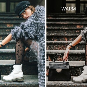 May include: A woman wearing a black newsboy cap, a gray fur coat, black star patterned tights, and white high-top boots sits on a set of stairs holding a black leather handbag. The word "WARM" is written in white text on a gray background.