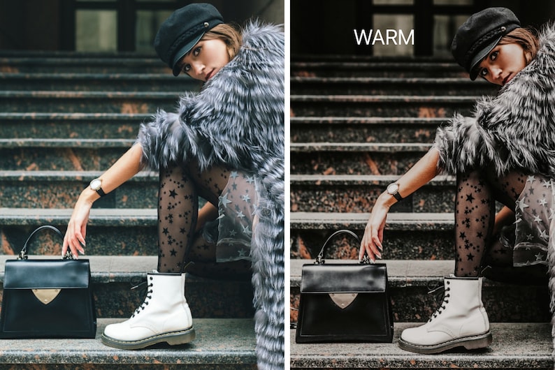 May include: A woman wearing a black newsboy cap, a gray fur coat, black star patterned tights, and white high-top boots sits on a set of stairs holding a black leather handbag. The word "WARM" is written in white text on a gray background.