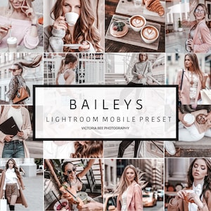 May include: A collage of images featuring people in various settings, with a title card that reads "Bailerys Lightroom Mobile Preset" and "Victoria Bee Photography". The images are all edited in a warm, vintage style.