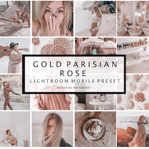 May include: A collage of images featuring a variety of lifestyle and travel scenes. The text "GOLD PARISIAN ROSE LIGHTROOM MOBILE PRESET VICTORIA BEE PHOTOGRAPHY" is displayed in the center of the collage.