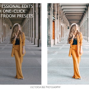 May include: A woman in a mustard yellow pantsuit stands in a long, arched hallway with white columns. The text "PROFESSIONAL EDITS WITH ONE-CLICK LIGHTROOM PRESETS" is at the top of the image.