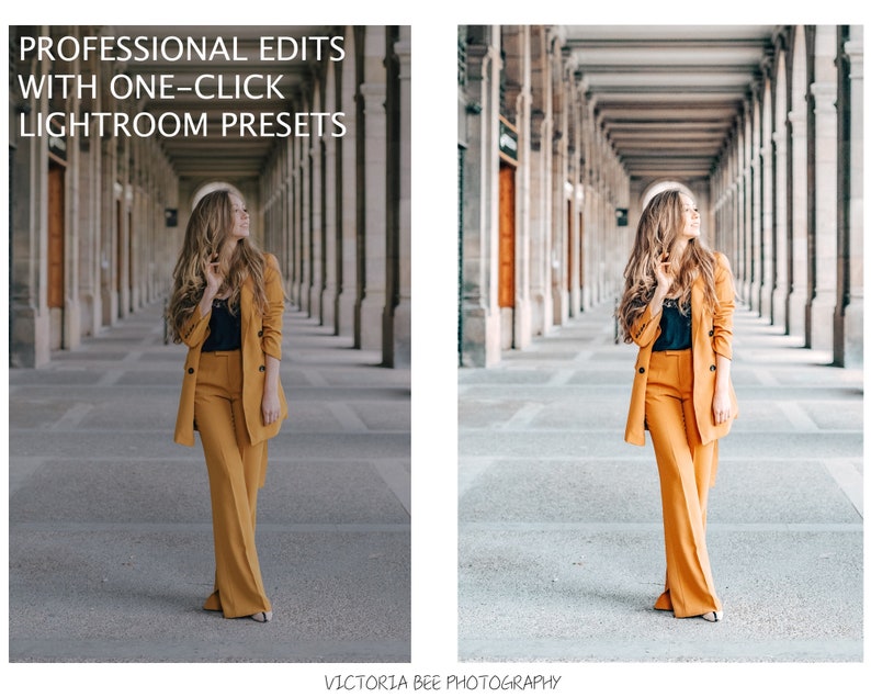 May include: A woman in a mustard yellow pantsuit stands in a long, arched hallway with white columns. The text "PROFESSIONAL EDITS WITH ONE-CLICK LIGHTROOM PRESETS" is at the top of the image.