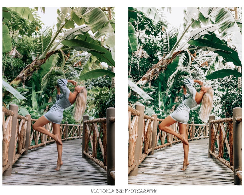 May include: A woman in a light blue dress poses on a wooden bridge surrounded by lush green foliage. The bridge is made of wooden planks and has a railing on either side. The woman is standing on the bridge with her arms raised above her head. The foliage is thick and green, and the sun is shining through the leaves.