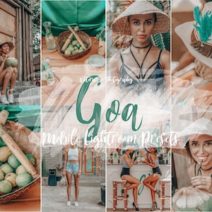 以下が含まれることがあります： 水彩画の背景に緑色の文字で「Goa」と書かれた、モバイル版Lightroomプリセットのセットです。プリセットは、写真に暖かくトロピカルな雰囲気を与えるように設計されています。画像は、インドのゴアで、地元の文化や風景を楽しんでいる人々の写真がいくつか写っています。