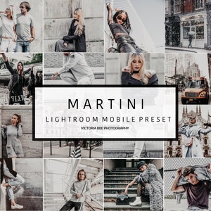 May include: A collage of images featuring people in various urban settings. The images are edited with a cool toned filter and have a vintage aesthetic. The text "MARTINI LIGHTROOM MOBILE PRESET VICTORIA BEE PHOTOGRAPHY" is displayed in the center of the collage.