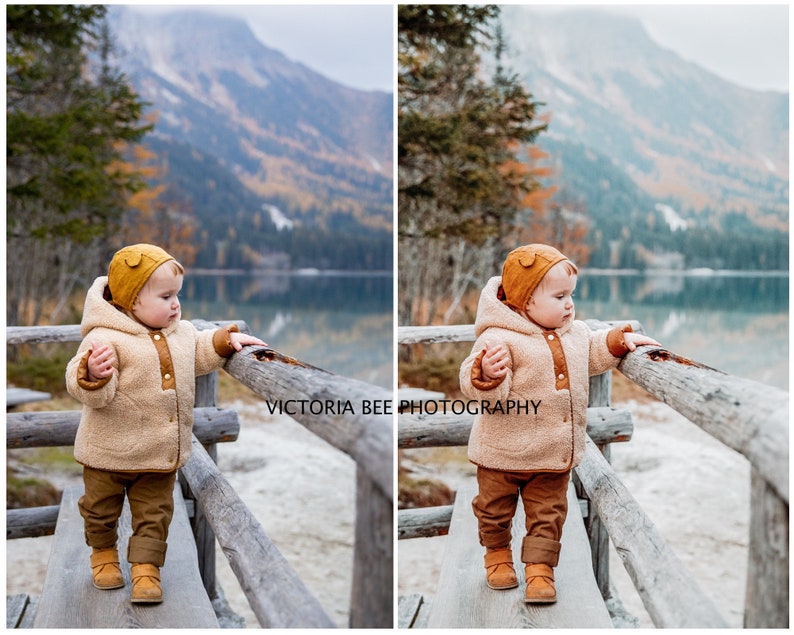 May include: A toddler wearing a brown and beige hooded jacket with a brown hat and brown pants stands on a wooden bridge overlooking a lake. The lake is surrounded by trees and mountains. The background is blurred.
