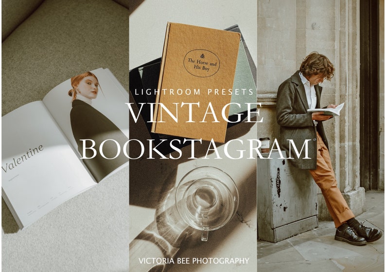 May include: Vintage Lightroom presets for bookstagram. The image shows a collection of books, a cup of coffee, and a person reading a book. The text on the books includes "The Horse and His Boy" and "Valentine".