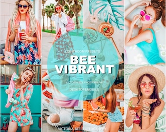 May include: A collection of Lightroom presets called "Bee Vibrant" by Victoria Bee Photography. The presets are designed for desktop and mobile use. The image shows a variety of photos edited with the presets, featuring bright colors, summery scenes, and people wearing sunglasses.
