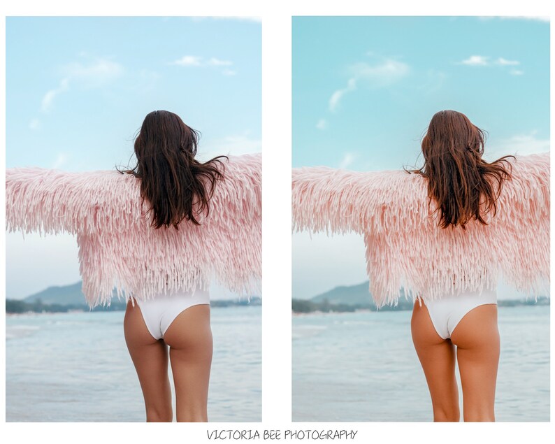 May include: A woman wearing a pink fuzzy jacket and white bikini bottoms stands with her arms outstretched on a beach. The sky is blue and the water is a light blue.