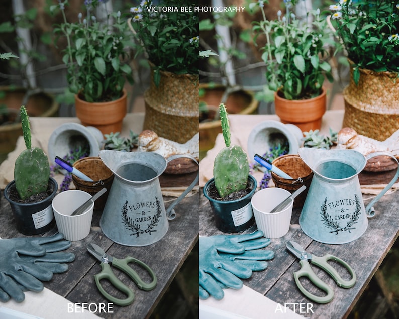 Puede incluir: Una mesa de madera r&uacute;stica con herramientas de jardiner&iacute;a, plantas y una regadera de metal con el texto "Flowers & Garden". La mesa est&aacute; decorada con un camino de mesa de arpillera y un par de guantes de jardiner&iacute;a azules.