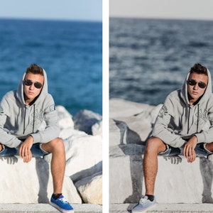May include: A young person wearing a gray hoodie with a black drawstring, blue denim shorts, and blue sneakers sits on a white rock with the ocean in the background.