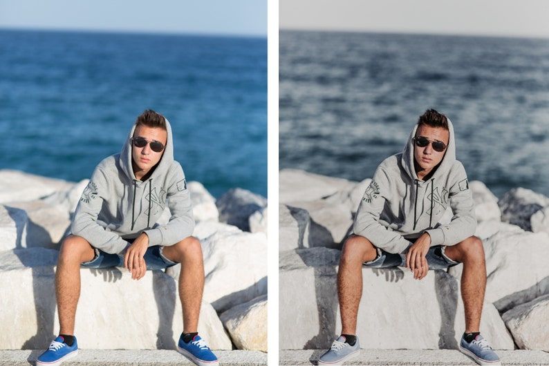 May include: A young person wearing a gray hoodie with a black drawstring, blue denim shorts, and blue sneakers sits on a white rock with the ocean in the background.
