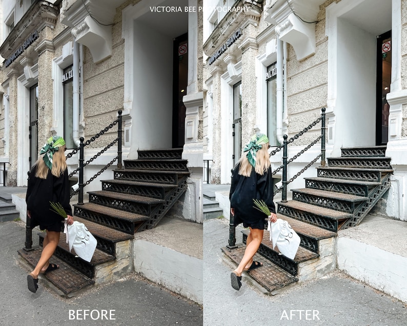 May include: A person wearing a black shirt and a green headscarf walks down a set of black metal stairs in front of a white building. The person is carrying a white bag and a bouquet of green leaves.