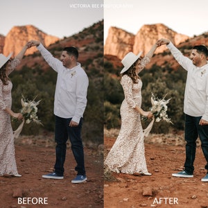 Puede incluir: Una pareja en un entorno des&eacute;rtico, la mujer lleva un vestido blanco de encaje y un sombrero blanco, el hombre lleva una camisa blanca y pantalones vaqueros azules, se toman de la mano y bailan.