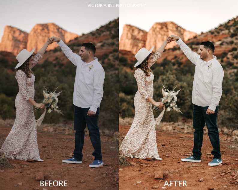 Puede incluir: Una pareja en un entorno des&eacute;rtico, la mujer lleva un vestido blanco de encaje y un sombrero blanco, el hombre lleva una camisa blanca y pantalones vaqueros azules, se toman de la mano y bailan.