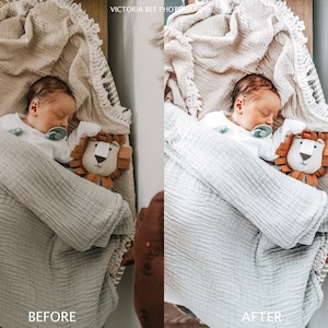 May include: A newborn baby is sleeping peacefully on a white and beige blanket with a stuffed lion toy. The baby is wearing a white onesie and has a pacifier in their mouth.