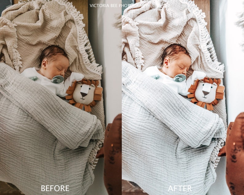 May include: A newborn baby is sleeping peacefully on a white and beige blanket with a stuffed lion toy. The baby is wearing a white onesie and has a pacifier in their mouth.