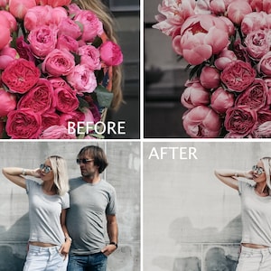May include: A before and after image showing the effects of a photo filter. The before image shows a bouquet of pink peonies and roses. The after image shows a couple standing in front of a concrete wall. The couple is wearing sunglasses and casual clothing. The image has a vintage, faded look.