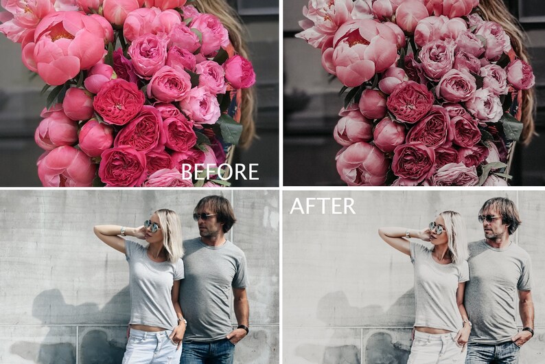 May include: A before and after image showing the effects of a photo filter. The before image shows a bouquet of pink peonies and roses. The after image shows a couple standing in front of a concrete wall. The couple is wearing sunglasses and casual clothing. The image has a vintage, faded look.