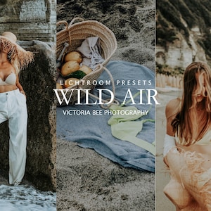 May include: A collage of three images featuring a woman in a white bikini top and white pants, a woman in a yellow bikini top and white bottoms, and a wicker basket with fruit and a blue towel. The text "Lightroom Presets Wild Air Victoria Bee Photography" is displayed in the center of the collage.