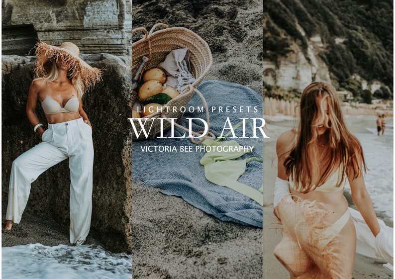 May include: A collage of three images featuring a woman in a white bikini top and white pants, a woman in a yellow bikini top and white bottoms, and a wicker basket with fruit and a blue towel. The text "Lightroom Presets Wild Air Victoria Bee Photography" is displayed in the center of the collage.