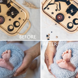 May include: A tray with a gold finish and a beaded border holds a variety of black and gold accessories, including a camera, a small black bag, a candle, and earrings. The tray is surrounded by small gold stars and black beads on a white background.