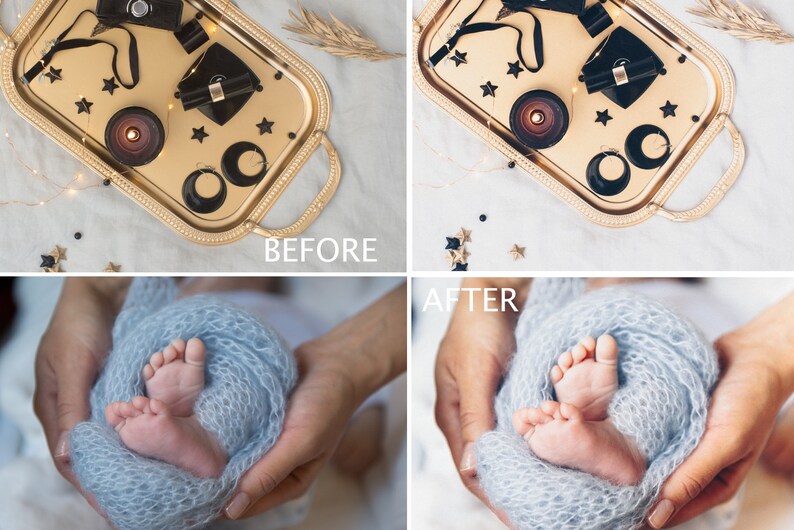 May include: A tray with a gold finish and a beaded border holds a variety of black and gold accessories, including a camera, a small black bag, a candle, and earrings. The tray is surrounded by small gold stars and black beads on a white background.