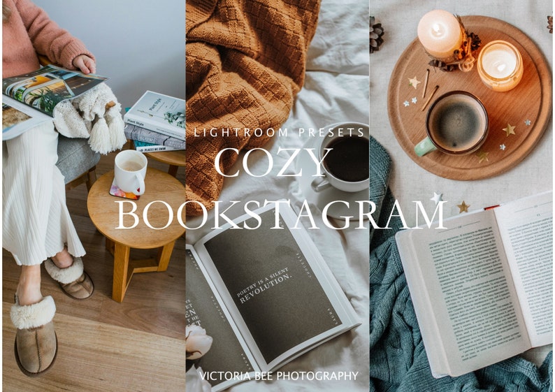 May include: Cozy bookstagram Lightroom presets for editing photos of books, coffee, and candles. The text "Poetry is a silent revolution" is visible on a book.