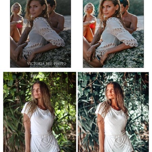 May include: A woman wearing a white crochet top with a white crochet trim. She is sitting on a rock with her legs crossed. The background is a tropical beach with lush green foliage.