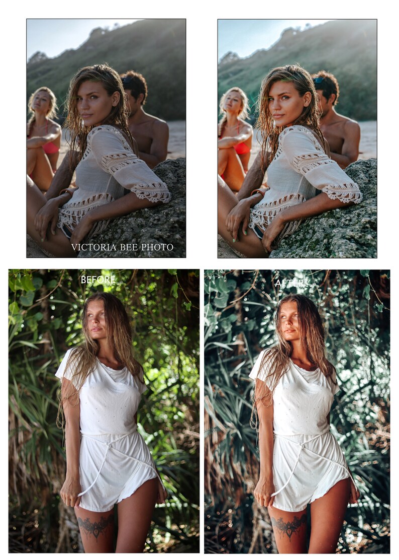 May include: A woman wearing a white crochet top with a white crochet trim. She is sitting on a rock with her legs crossed. The background is a tropical beach with lush green foliage.
