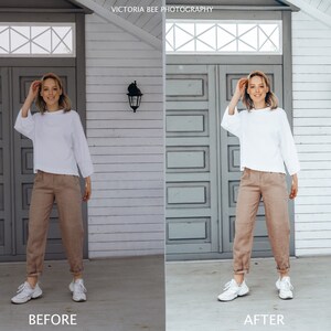Pode incluir: Uma mulher vestindo uma camisa branca e cal&ccedil;as marrons est&aacute; em frente a uma porta branca com uma porta cinza atr&aacute;s. O texto "VICTORIA BEE PHOTOGRAPHY" est&aacute; acima da porta.