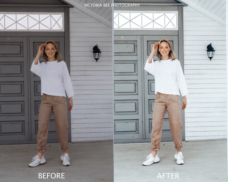 Pode incluir: Uma mulher vestindo uma camisa branca e cal&ccedil;as marrons est&aacute; em frente a uma porta branca com uma porta cinza atr&aacute;s. O texto "VICTORIA BEE PHOTOGRAPHY" est&aacute; acima da porta.