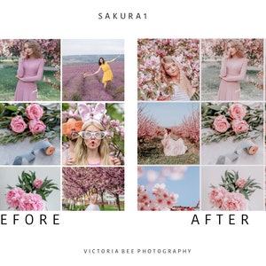 May include: A before and after image collage showcasing the effects of a photo editing filter. The left side shows the original image with a more natural look, while the right side shows the edited image with a soft, dreamy, and pink-toned aesthetic. The images feature a variety of scenes, including a woman in a pink dress, a girl wearing bunny ears, and a field of pink flowers.
